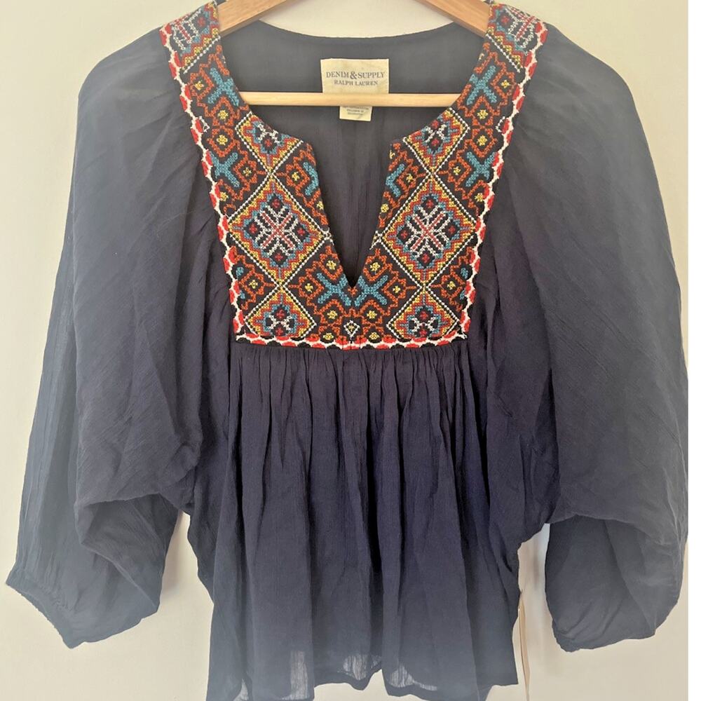 Nwt Denim & Supply‎ Ralph Lauren Boho Cotton Embroidered Top Small Navy Blue